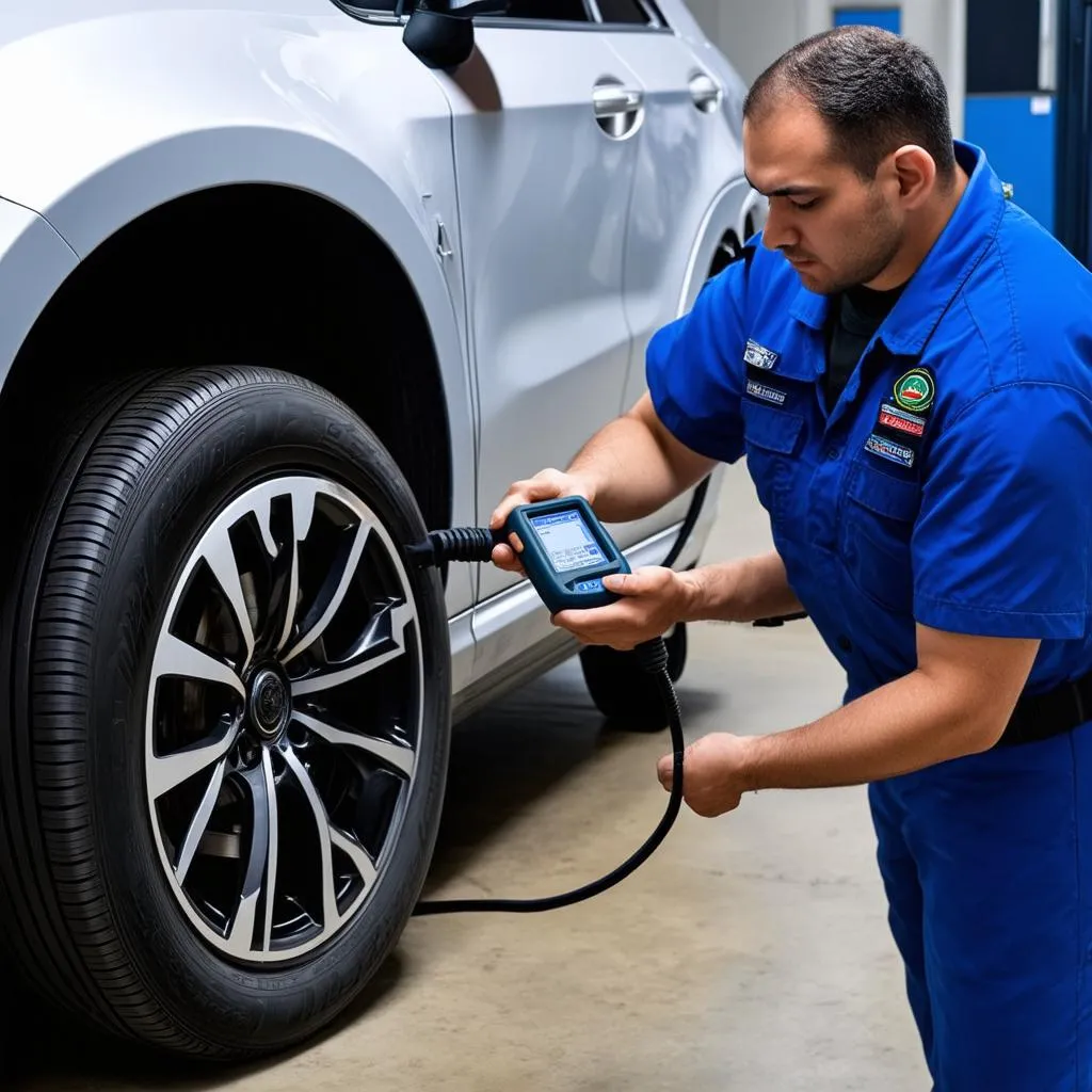 Mechanic using TPMS tool